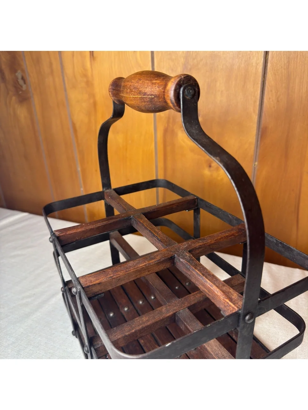 Wood Metal Bottle Caddy Wine Beer Carrier 6 Compartment Farmhouse Rustic Decor